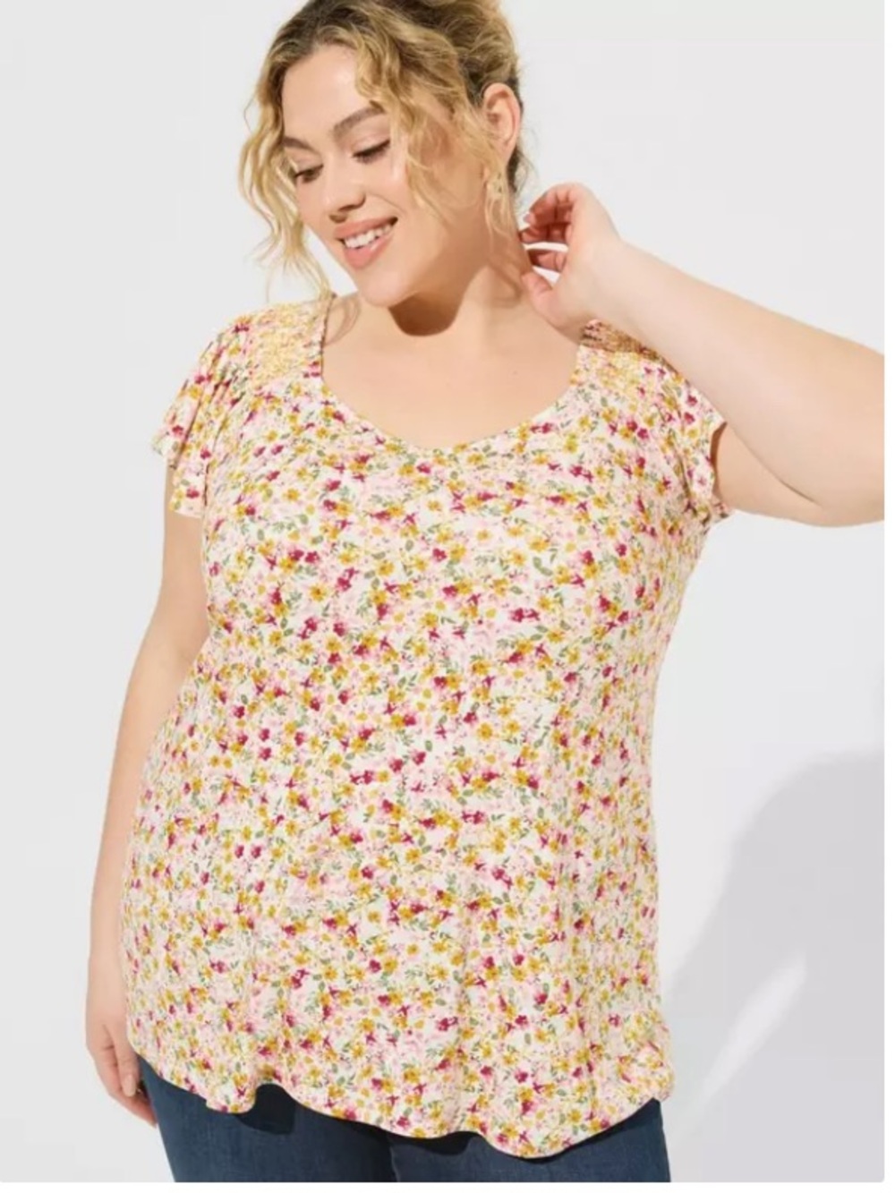 Torrid Floral Super Soft Stretch Smocked Flutter Sleeve Tee Boho White Pink 2X